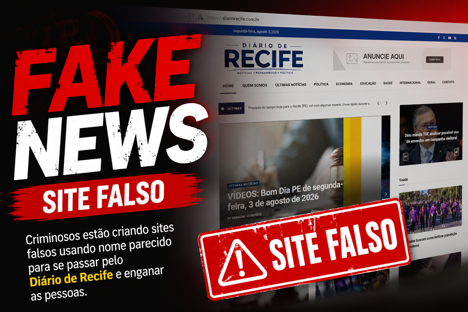 Criminosos criam sites falsos para se passar pelo Diário de Recife; portal denuncia golpe e adota medidas legais